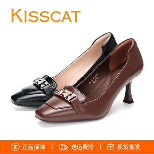 KISSCAT接吻猫2026新款高跟鞋黑色小方头细跟黑白格羊皮女鞋单鞋