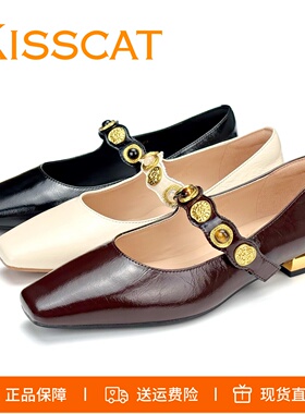 KISSCAT接吻猫2026方头平底小金库一字带套脚玛丽珍鞋浅口单鞋女