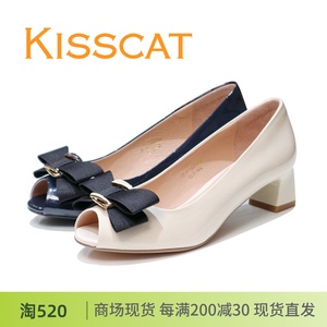 KISSCAT接吻猫2023新款正品粗跟鱼嘴蝴蝶结漆皮女单鞋KA43108-10