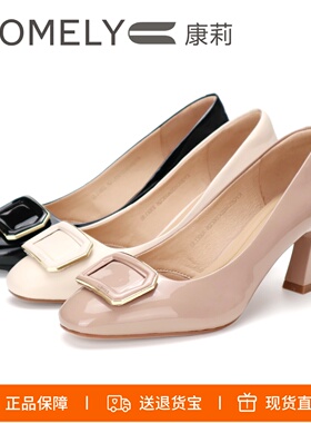 COMELY康莉2026新高跟鞋粗跟圆头漆牛皮搭扣气质女鞋单鞋KYQ55362