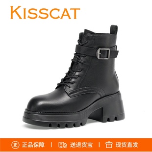 KISSCAT接吻猫2025秋冬户外工装 靴牛皮增高大黄靴厚底粗跟马丁靴