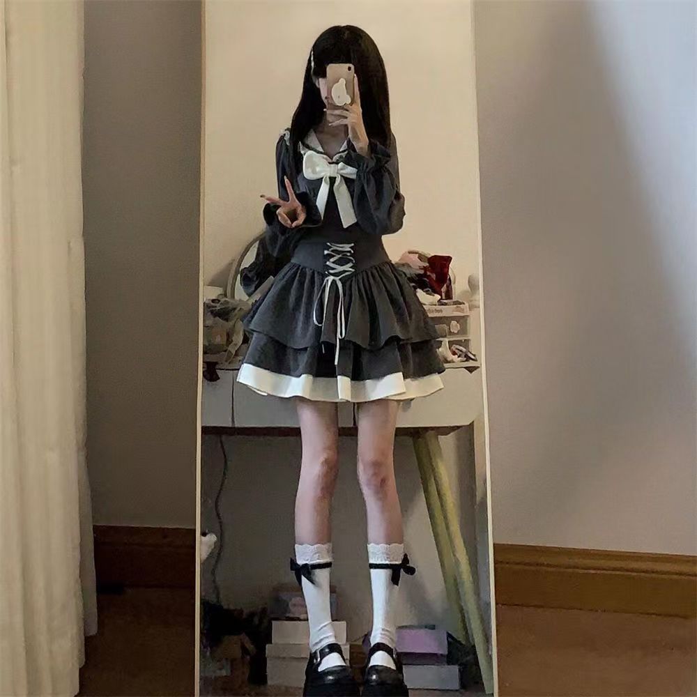 学院风一整套穿搭甜美时尚海军领蝴蝶结上衣+绑带拼接高腰半身裙
