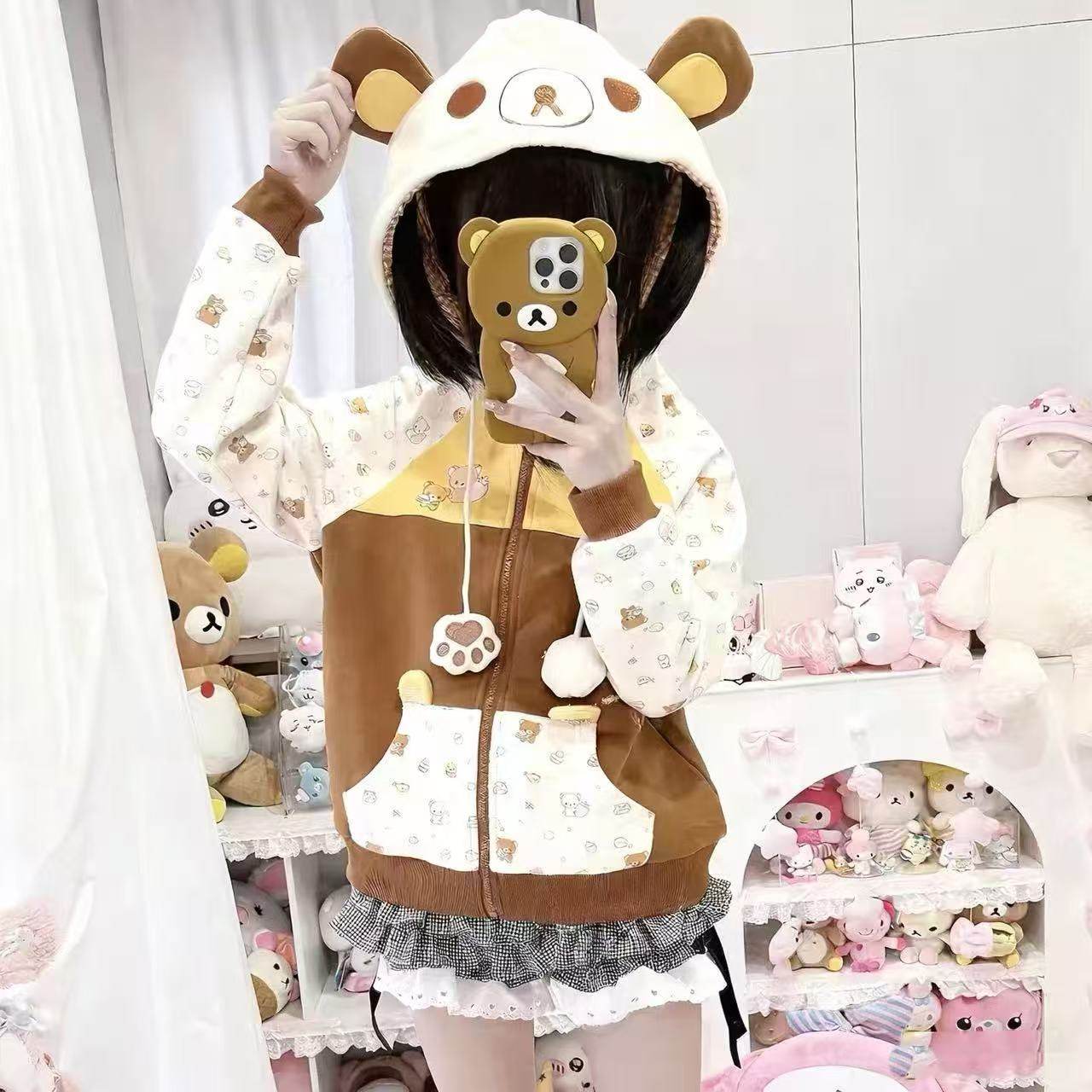 日系轻松熊耳朵连帽外套毛绒保暖秋冬宽松女儿服休闲软妹可爱宅萌,女装/女士精品,短外套,淘宝优惠券,粉丝福利购,淘宝优惠卷