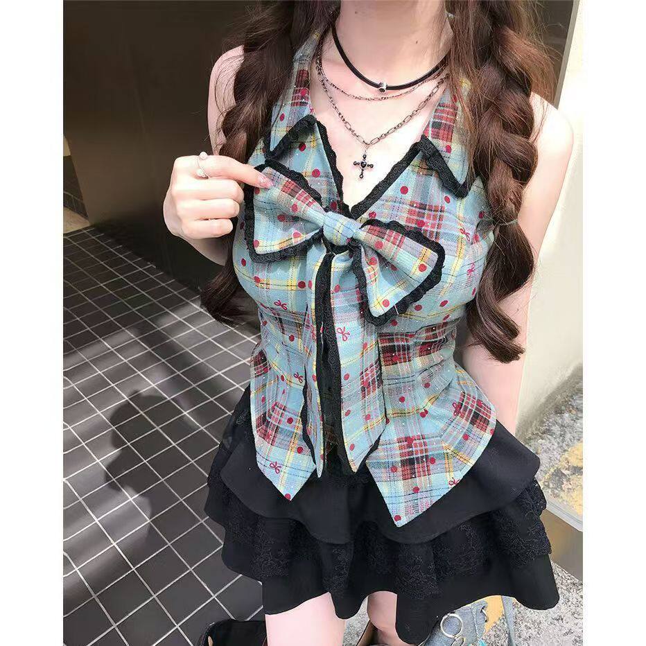 学院风蝴蝶结无袖上衣+钩花蛋糕裙套装女夏季新款高腰修身两件套