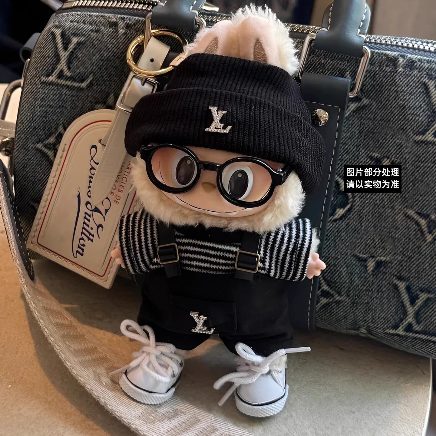 一二三代 labubu娃衣套装黑色高定lv拉布布背带裤条纹手工衣服