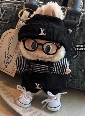 一二三代 labubu娃衣套装黑色高定lv拉布布背带裤条纹手工衣服