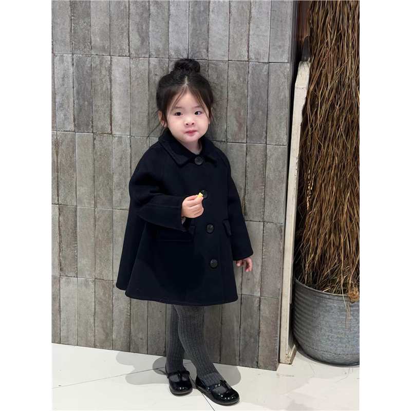 女童英伦风毛呢大衣冬季儿童中长款翻领双排扣外套宝宝高级感上衣