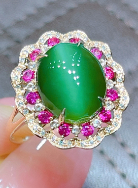 天然和田玉俄料碧玉猫眼蛋面戒指18k玫瑰金镶嵌南非钻石红宝石