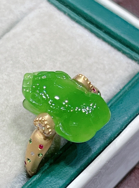 天然和田玉俄料碧玉苹果绿18k金镶嵌貔貅戒指固定圈