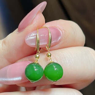 和田碧玉圆珠耳环18K金伴钻镶天然玉石菠菜绿约10mm耳扣耳坠耳钉
