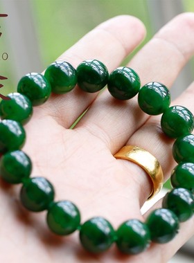 和田玉圆珠菠菜绿12MM手串男女款