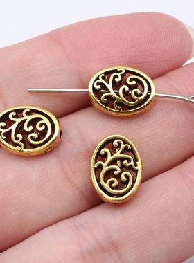 10个/包 9x12mm 古银色古金色 椭圆雕花小孔珠珠子 DIY饰品配件