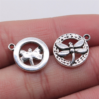 10个/包 14x17mm 古银色 DIY饰品配件 圆形蜻蜓吊牌吊坠