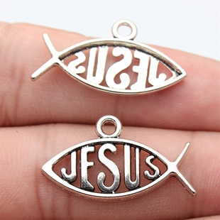 10个/包29x17mm古银色DIY饰品配件JESUS鱼吊坠