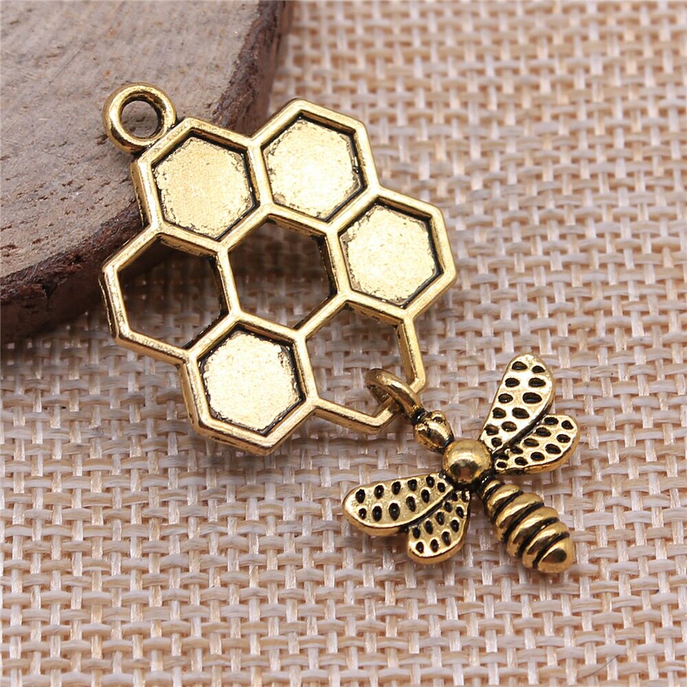 2个/包 46x25mm 多色锌合金材质diy饰品配件蜂巢蜜蜂吊坠