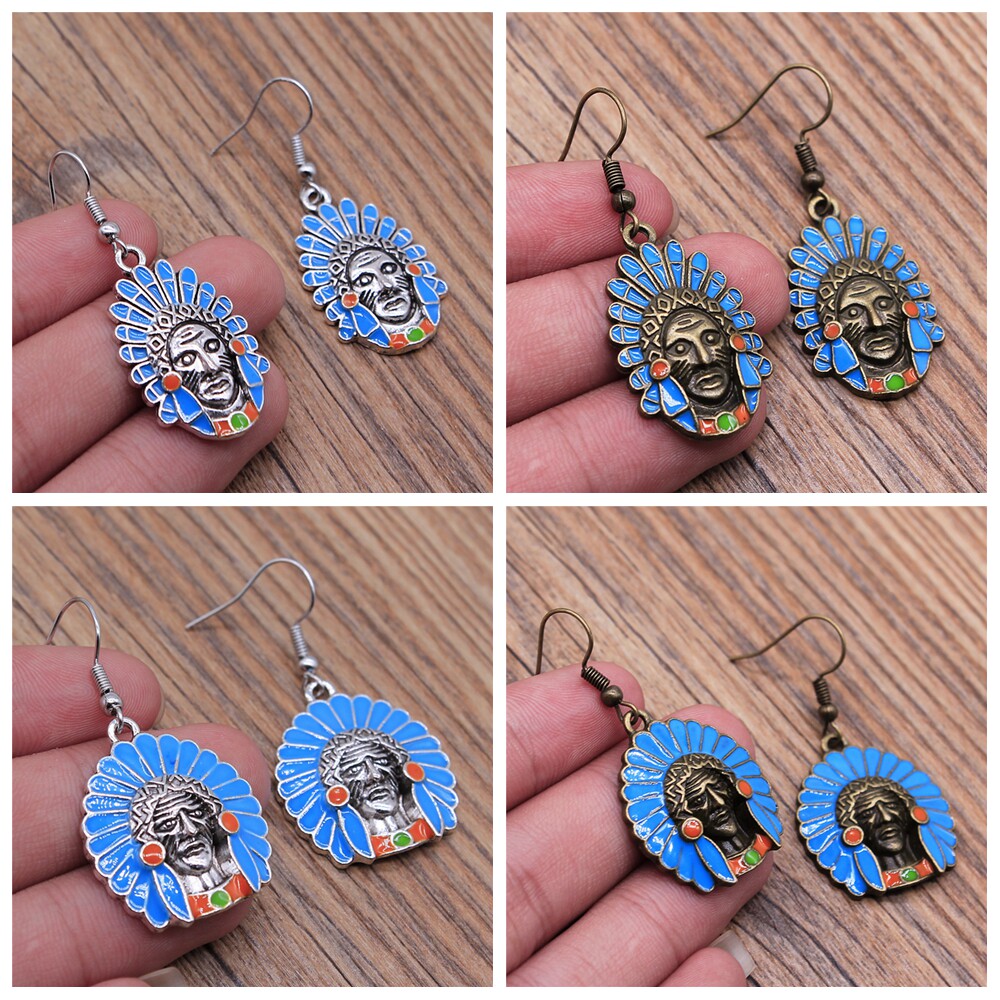 欧美复古风 个性耳环 蓝色滴油 印第安人头像 非洲酋长