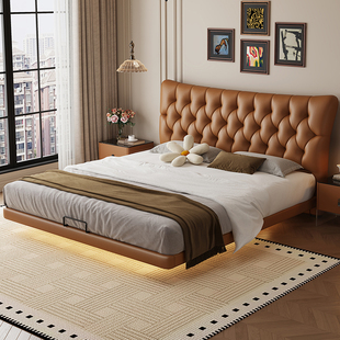 意式 轻奢风悬浮床带灯真皮三抽储物主卧双人2米x2米大床 极简法式