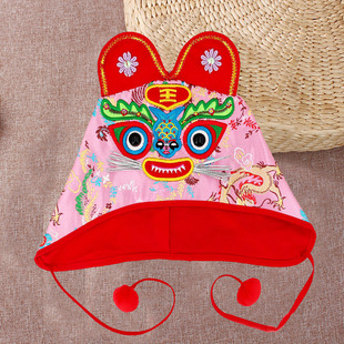 女宝宝虎头帽粉色女童汉服帽老虎帽中国风春秋冬款婴幼儿新年帽子