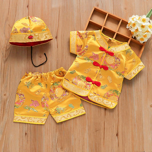 宝宝唐装中国风套装织锦缎少爷喜庆装黄马褂2025夏短袖婴儿周岁服