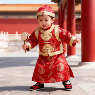 喜庆婴儿唐装阿哥装秋冬季加棉儿童皇帝装男童古装汉服龙袍拜年服