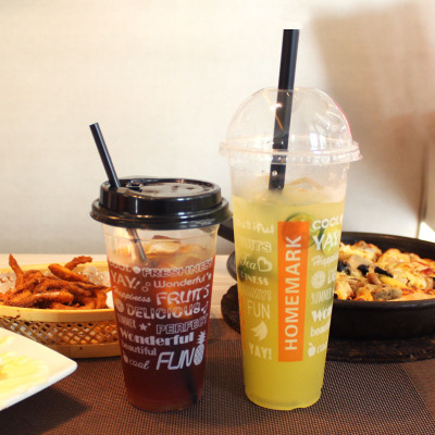 500cc700ml一次性塑料加厚高透奶茶果汁饮料杯带盖90口径定制logo