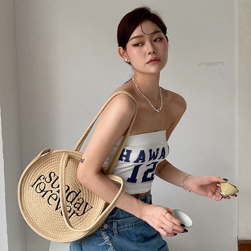 小众设计感圆形字母棉绳手工编织包包女夏单肩包大容量海边度假包