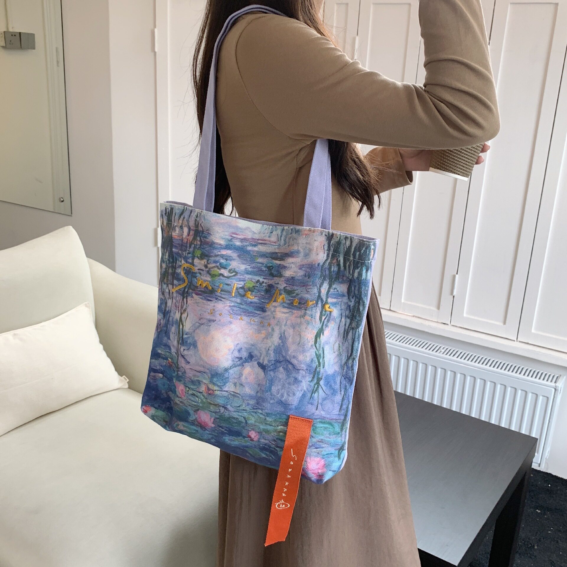 小众设计包包飘带刺绣字母帆布包单肩包女大容量托特包学生上课包