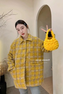 羽绒内胆毛呢外套女2025小众设计方领廓型简约时尚 百搭格子外套冬