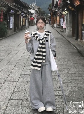 YC韩系宽松慵懒风休闲运动灰色卫衣女2025春秋季高级感学院风套装