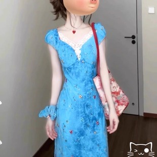 短袖 海边度假风收腰绝美A字长裙小众蕾丝拼卡普里蓝法式 夏连衣裙