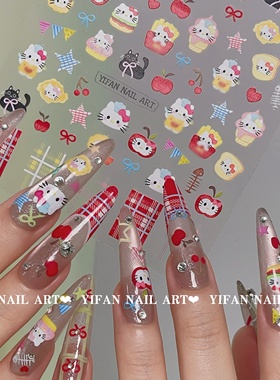 YIFANNAIL【可爱Kitty】黑猫 车厘子 格纹 苹果Kitty美甲贴纸J232