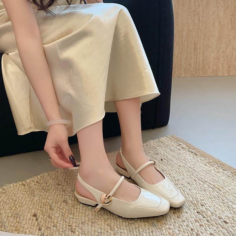 夏季包头女凉鞋低跟法式小皮鞋后空一字扣带真皮浅口透气时尚百搭