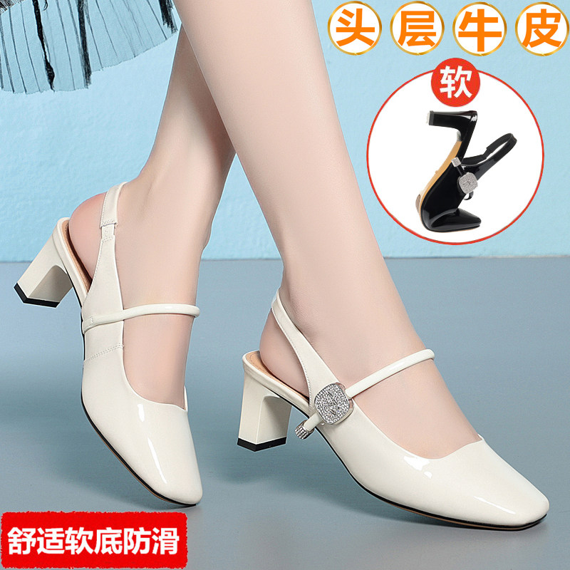 真皮粗跟一字扣带高跟包头女凉鞋