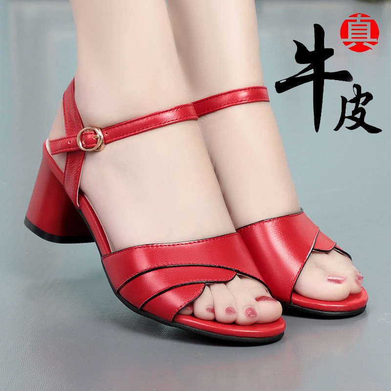 女凉鞋时尚高跟粗跟红色透气真皮
