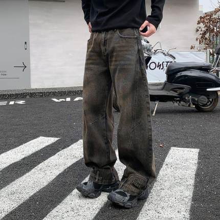 黑色牛仔裤秋冬男款2024新款美式高街倒装涂鸦潮牌痞帅炸街裤子男