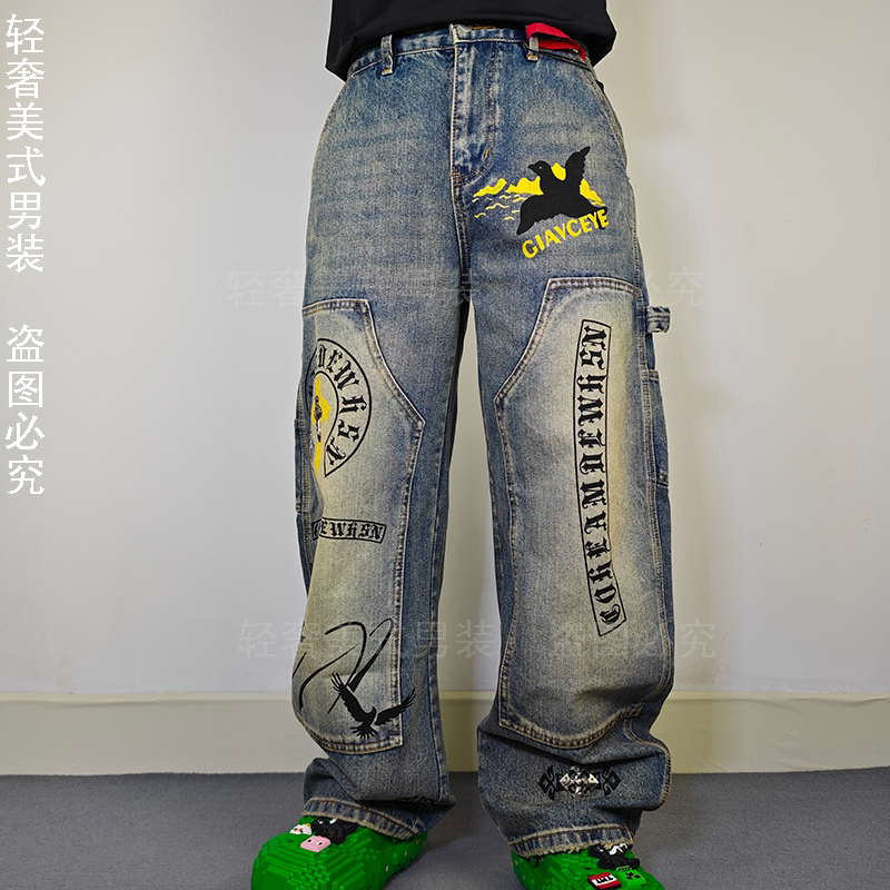复古做旧涂鸦多袋工装阔腿牛仔裤