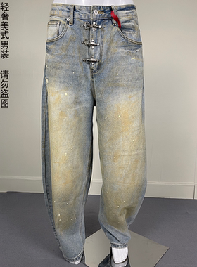 复古做旧飞机扣破洞直筒牛仔裤男