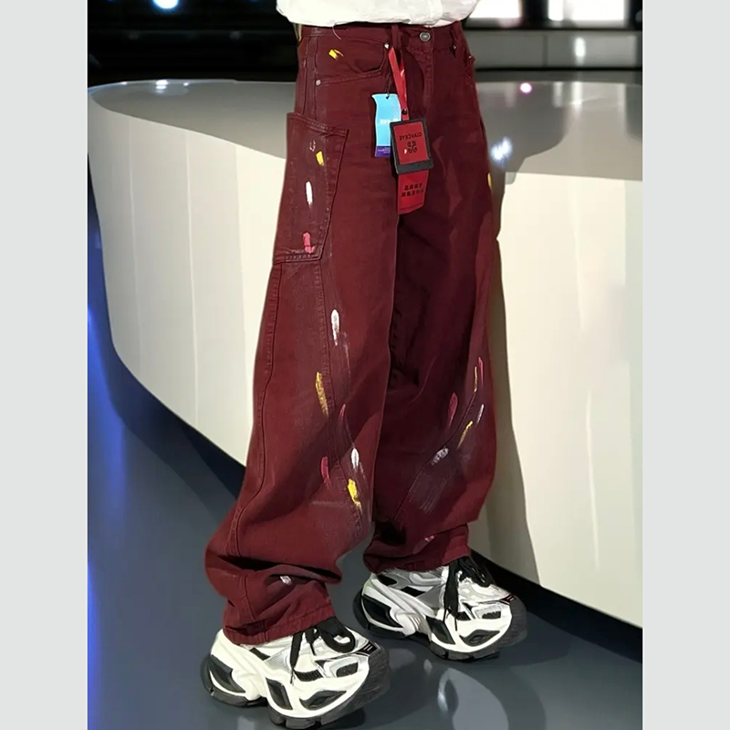 巴黎风格潮牌涂鸦泼墨红色弯刀牛仔裤男宽松直筒阔腿长裤高街风