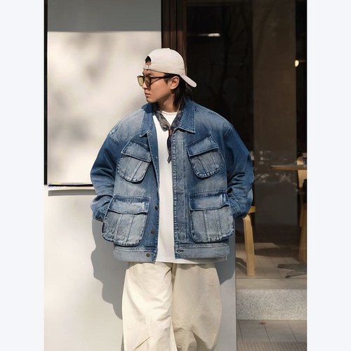 美式复古工装牛仔外套男宽松