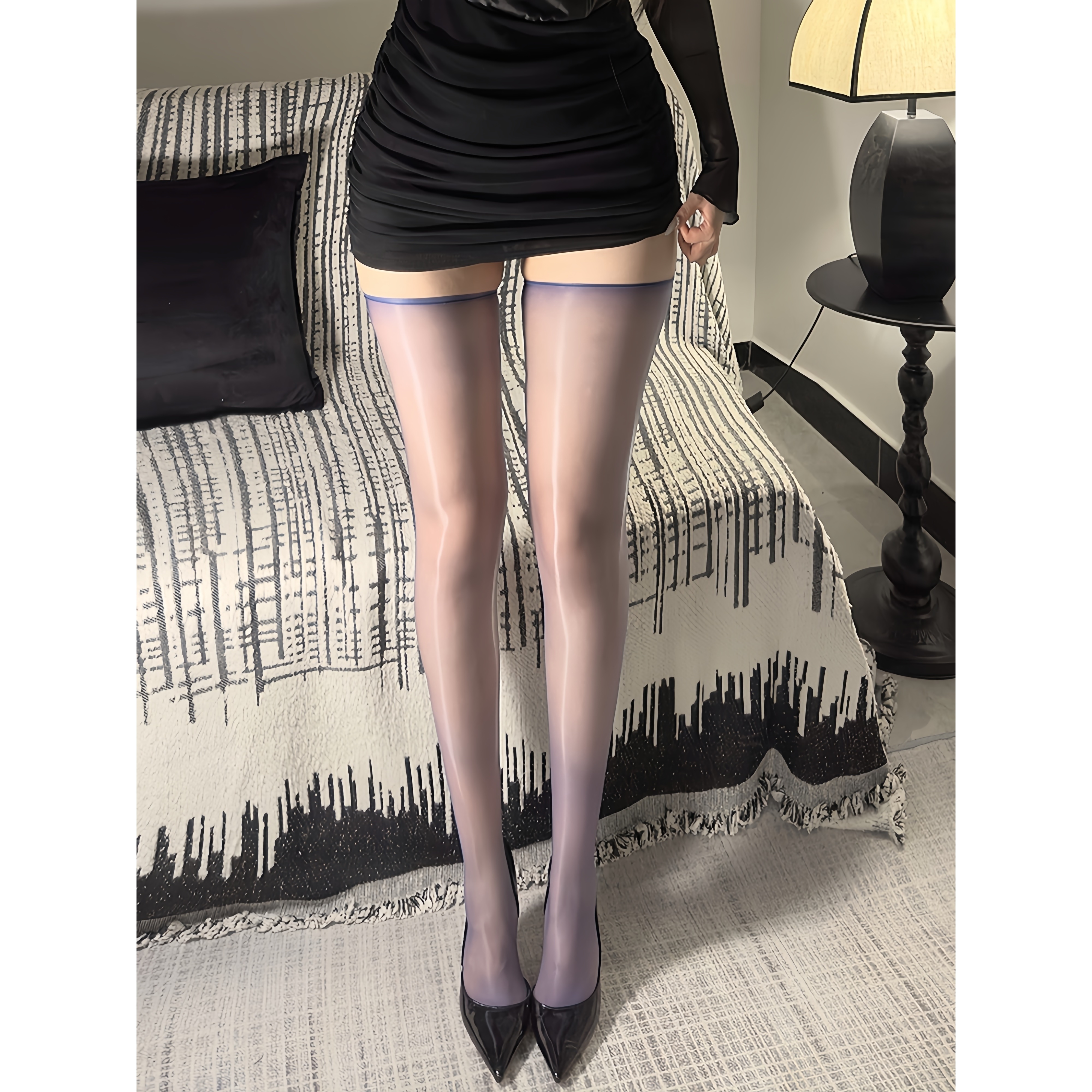 1d无边反油光紫色丝袜马高油亮长筒丝袜女性感纯欲超薄过膝大腿袜