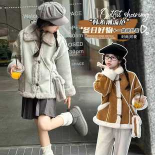 女童外套秋冬款2025新款加绒加厚棉袄女中大童鹿皮绒皮毛一体棉衣