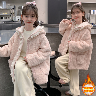 女童毛毛衣外套2025新款秋冬装洋气兔毛加绒棉衣女中大童加厚棉袄