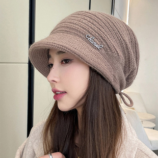 兔毛堆堆帽女秋冬季保暖大头围帽子女冬妈妈款冬天百搭针织毛线帽