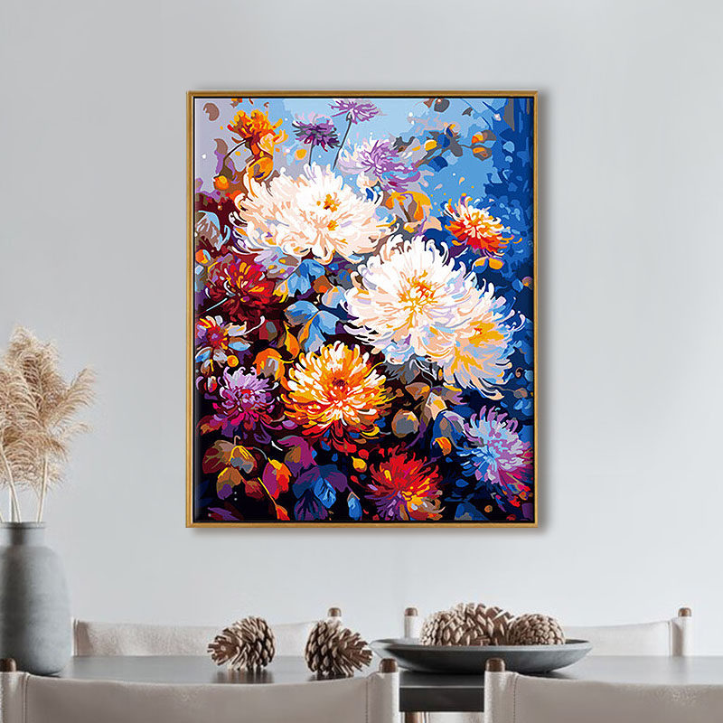 数字油画diy填充 填色画花卉手绘手工涂色丙烯画减压油彩画 彩菊