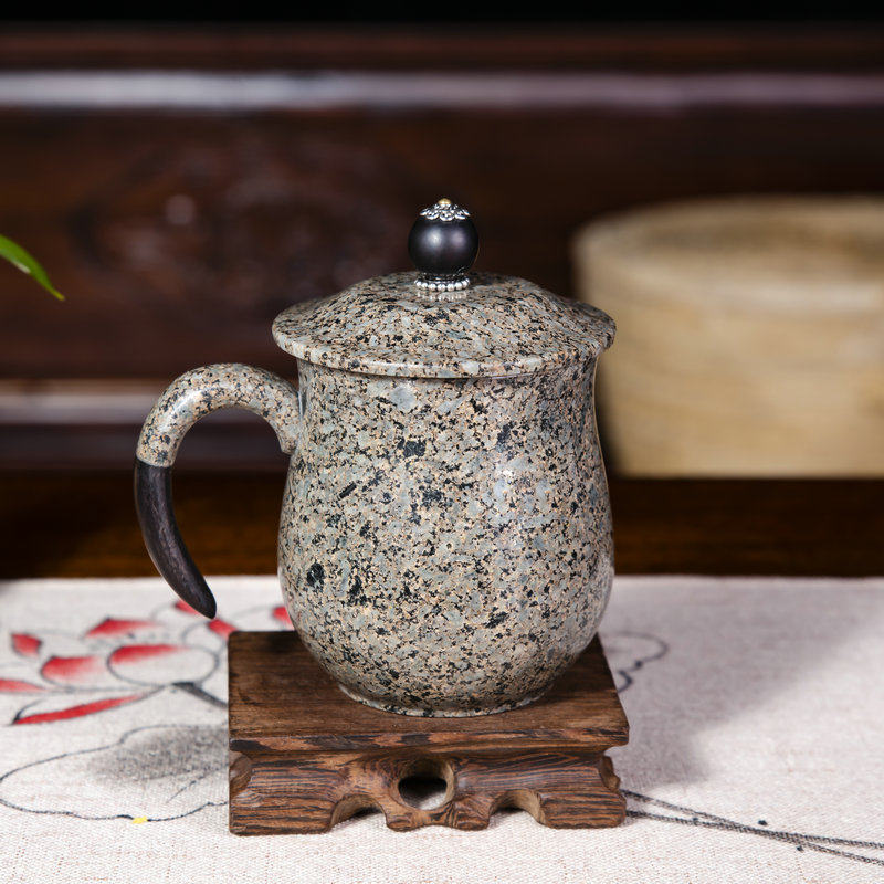 正品内蒙奈曼麦饭石水杯通辽天然原石马克杯带盖茶杯子有手柄中式