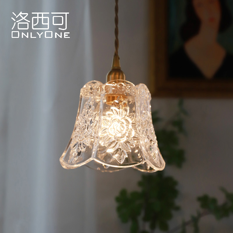日式复古花朵雕刻玻璃小吊灯