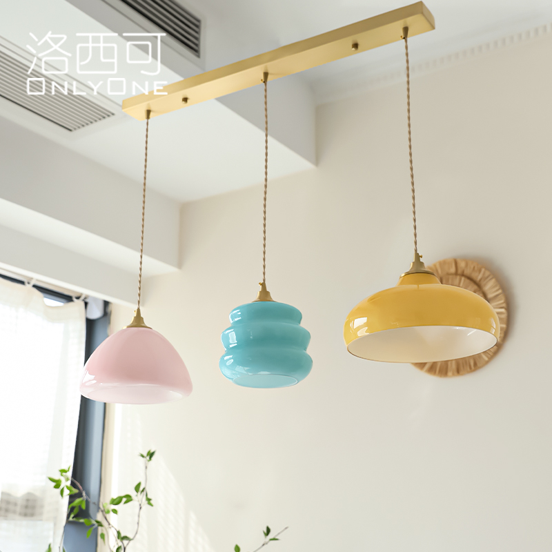 洛西可  现代简约三头彩色玻璃餐厅小吊灯 法式田园民宿岛台灯具