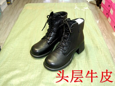头层牛皮复古英伦风马丁靴交叉绑带侧拉链粗跟时尚显瘦短靴特价
