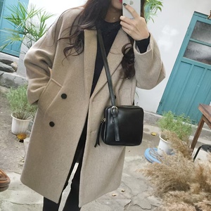 秋冬季实拍西装领纯色双排扣加厚长袖时尚风中长款大衣外套女装