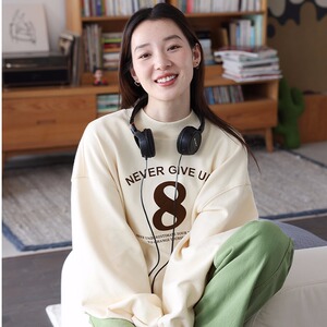 秋冬实拍圆领甜美韩款长袖字母印花图案华棉复合面料薄款上衣女装